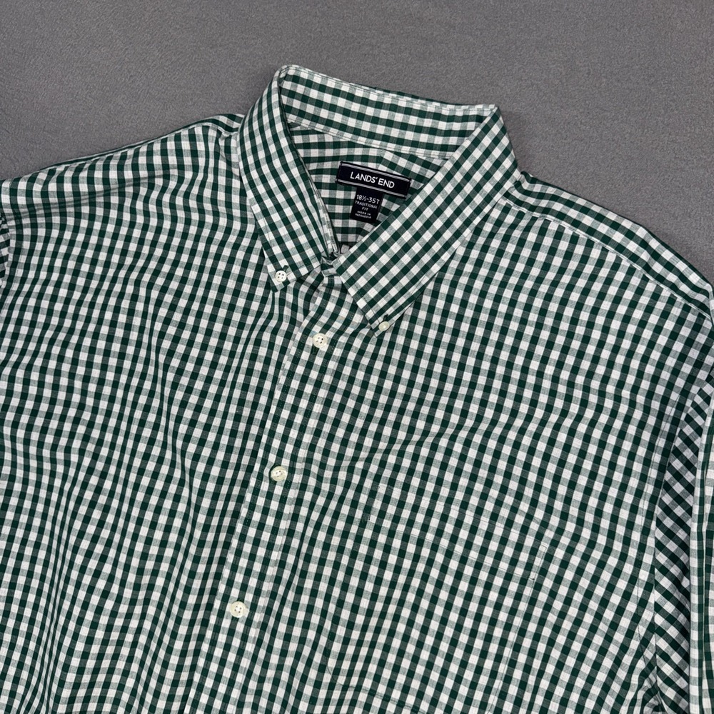 Lands End Shirt Mens 18.5 35T Green Gingham Check Traditional Fit Button Dress